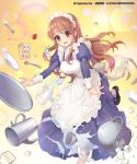  1girl absurdres apron artist_request asahina_mikuru breasts brown_eyes cake commentary_request copyright_name cygames dress eyebrows_visible_through_hair failure food full_body highres long_dress long_hair long_sleeves maid maid_apron maid_cap maid_dress official_art open_mouth orange_hair shadowverse solo suzumiya_haruhi_no_yuuutsu tray 