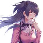  1girl bangs black_hair black_neckwear black_ribbon blunt_bangs blush breasts commentary_request fifty1202 frills grey_background hair_ribbon hand_up highres idolmaster idolmaster_shiny_colors long_hair long_sleeves looking_at_viewer mask_pull mayuzumi_fuyuko medium_breasts neck_ribbon pink_shirt pulling red_eyes ribbon shirt simple_background solo surgical_mask suspenders sweat two_side_up upper_body v-shaped_eyebrows very_long_hair 