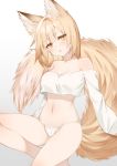  1girl animal_ear_fluff animal_ears bare_legs bare_shoulders blonde_hair breasts cleavage collarbone commentary crop_top crop_top_overhang fox_ears fox_girl fox_tail gradient gradient_background head_tilt long_sleeves looking_at_viewer medium_breasts narusegawa_riko navel no_pants off-shoulder_shirt off_shoulder original panties parted_lips shirt short_hair slit_pupils solo stomach tail thighs underwear white_panties white_shirt yellow_eyes 