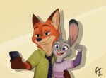  aar0njay aloha_shirt ambiguous_gender anthro black_nose canid canine cellphone cheek_tuft clothed clothing dipstick_ears disney duo facial_tuft fox fur gloves_(marking) green_eyes grey_body grey_fur holding_cellphone holding_object holding_phone inner_ear_fluff judy_hopps lagomorph leporid light lighting mammal markings multicolored_body multicolored_ears multicolored_fur necktie nick_wilde open_mouth open_smile orange_body orange_fur phone pink_nose pose purple_eyes rabbit red_fox selfie shadow shirt signature simple_background smile topwear tuft two_tone_body two_tone_fur zootopia 