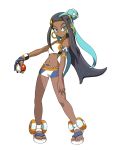  1girl armband armlet black_hair blue_eyes blue_hair breasts dark_skin earrings gym_leader highres holding holding_poke_ball hoop_earrings jewelry long_hair looking_at_viewer multicolored_hair navel pixelflag poke_ball poke_ball_(generic) pokemon rurina_(pokemon) sandals short_shorts shorts small_breasts solo two-tone_hair white_background wristband 