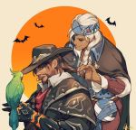  1boy 1girl adjusting_hair alternate_costume ana_(overwatch) beard bird bird_on_hand braid brown_hair canteen cigar cloak closed_eyes coat corsair_ana dark_skin eye_of_horus eyeshadow facial_hair hage2013 hair_over_shoulder halloween halloween_costume headband lips makeup mccree_(overwatch) nose overcoat overwatch parrot silver_hair single_braid smile van_helsing_mccree 