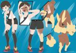  2019 absurd_res anthro bottomwear breasts brown_hair clothing dinodoggo female footwear green_eyes hair hi_res human human_to_anthro legwear lopunny mammal nintendo nude open_mouth pok&eacute;mon pok&eacute;mon_(species) sequence shoes short_hair shorts simple_background solo species_transformation standing stockings transformation video_games yawn 