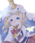  1girl blonde_hair blue_eyes blurry blurry_foreground blush braid brown_gloves bug butterfly closed_mouth depth_of_field filasopila gloves granblue_fantasy harvin insect long_sleeves looking_at_viewer nika_(intention) pointy_ears silhouette smile solo twin_braids veil white_background 