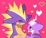  &lt;3 2019 220_vvv ambiguous_gender duo eyes_closed happy nintendo open_mouth pok&eacute;mon pok&eacute;mon_(species) purple_body purple_scales reptile scales scalie simple_background tongue tongue_out toxel toxtricity toxtricity_(amped_form) video_games yellow_body yellow_scales 