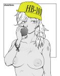  1girl apple applejack bracelet breasts earrings food freckles fruit greyscale hat invader_ace inverted_nipples jewelry long_hair monochrome my_little_pony nude personification solo spot_color 