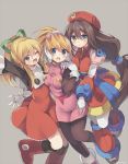  3girls :d android bangs beret blonde_hair blue_eyes blush breasts brown_hair capcom ciel_(rockman) dress eyebrows_visible_through_hair gloves green_eyes green_ribbon grey_background hair_between_eyes hair_ribbon hat headgear high_ponytail iris_(rockman_x) large_breasts long_hair looking_at_viewer low-tied_long_hair medium_breasts multiple_girls open_mouth pantyhose ponytail red_dress rento_(rukeai) ribbon rockman rockman_(classic) rockman_x rockman_zero roll sidelocks simple_background skirt small_breasts smile very_long_hair white_gloves 