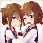  2girls anchor anchor_symbol bangs blush brown_eyes brown_hair closed_mouth eyebrows_visible_through_hair folded_ponytail hair_ornament hairclip highres hug ikazuchi_(kantai_collection) inazuma_(kantai_collection) kantai_collection long_sleeves multiple_girls neckerchief one_eye_closed open_mouth ponytail red_neckwear sailor_collar school_uniform serafuku sidelocks simple_background smile taisho_(gumiyuki) wavy_mouth 