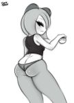  2019 anthro biped black_and_white blush bottomwear breasts butt clothed clothing crop_top digital_media_(artwork) english_text female hair hi_res humanoid kirlia legwear looking_at_viewer looking_back mammal midriff monochrome nintendo open_mouth panties pok&eacute;ball pok&eacute;mon pok&eacute;mon_(species) saltyxodium shirt signature simple_background solo solo_focus text topwear underwear video_games white_background 