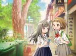  2girls :o artist_name backpack bag bangs black_hair blue_eyes blue_skirt blunt_bangs bow braid brochure brown_eyes brown_hair day grey_skirt kawanobe multiple_girls outdoors red_bow road_sign school_uniform serafuku shiraishi_yuzuki sign skirt sora_yori_mo_tooi_basho standing tamaki_mari trash_can tree uniform 