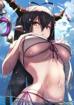  1girl announ_(kurotya) antenna_hair bandaged_arm bandages bikini black_hair blue_sky blush breasts cloud danua day draph front-tie_bikini front-tie_top granblue_fantasy groin hair_between_eyes head_out_of_frame highres horn_ornament horns large_breasts long_hair looking_at_viewer navel outdoors pointy_ears purple_hair red_eyes side-tie_bikini skindentation sky solo stomach swimsuit toned underboob wading wet 