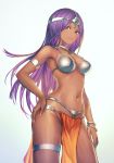  1girl anbe_yoshirou armlet bangs bare_shoulders bracelet breasts choker circlet closed_mouth commentary_request dark_skin dragon_quest dragon_quest_iv earrings fingernails gem gradient gradient_background hand_on_hip highres jewelry light_smile lips long_hair looking_at_viewer manya medium_breasts navel parted_bangs pelvic_curtain purple_hair red_eyes shiny shiny_hair simple_background solo stomach thigh_strap white_background 