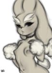  2019 anthro black_and_white blush breasts collar digital_media_(artwork) english_text female fur hi_res humanoid lagomorph lopunny makeup mammal monochrome nintendo nipples nude pok&eacute;mon pok&eacute;mon_(species) saltyxodium signature simple_background solo solo_focus text video_games white_background 