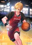  1boy :o basketball basketball_uniform blonde_hair copyright_name dribbling indoors interitio male_focus official_art red_shorts short_sleeves shorts sid_story sportswear twitter_username wristband 