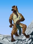  2019 5_fingers abs black_nose brown_body brown_eyes brown_fur claws clothed clothing digital_media_(artwork) fingers fur gnoll hi_res hyaenid loincloth male mammal muscular muscular_male open_mouth outside rock sky smile solo spots spotted_body spotted_fur spotted_hyena standing tall_lizzard_(artist) teeth tongue tongue_out topless 