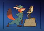  2019 absurd_res anthro blue_background canid canine clothed clothing coat dipstick_ears dipstick_tail disney finnick fox green_eyes hi_res male mammal multicolored_ears multicolored_tail necktie nick_wilde open_mouth simple_background smile standing standing_on_object starryskye topwear zootopia 