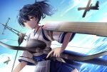  1girl aircraft airplane black_hair blue_hakama blue_sky bow_(weapon) brown_eyes closed_mouth cloud commentary_request cowboy_shot day eyebrows_visible_through_hair flight_deck hakama highres holding japanese_clothes kaga_(kancolle) kantai_collection kimono long_hair military military_vehicle muneate ocean side_ponytail sky solo sunlight utsurogi_noneko weapon white_kimono 