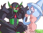  2019 black_hair blue_hair blush duo eyes_closed female grass green_body green_skin grimmsnarl hair hatterene humanoid kimkun06 long_hair male nintendo pink_hair pok&eacute;mon pok&eacute;mon_(species) simple_background smile tentacles video_games white_background 