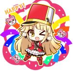 &gt;_o 1girl arms_up bang_dream! birthday blonde_hair blush_stickers boots breasts chibi commentary_request confetti english_text epaulettes eyebrows_visible_through_hair hasewox hat long_hair marching_band medium_breasts michelle_(bang_dream!) multicolored multicolored_background multicolored_clothes one_eye_closed open_mouth shako_cap standing standing_on_one_leg tagme thigh_boots thighhighs tsurumaki_kokoro yellow_eyes zettai_ryouiki 