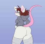  animated anthro big_butt blush breasts brown_hair butt butt_expansion clothing eyewear female glasses hair hip_expansion hoodie huge_butt hyper hyper_butt janet_(based_andrew) looking_back mammal mithaa mouse murid murine open_mouth rodent solo topwear transformation 