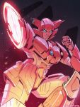  2018 alien autobot blue_eyes cybertronian digital_media_(artwork) elita-one fingers gun handgun hi_res holding_object holding_weapon humanoid larrydraws living_machine looking_at_viewer machine not_furry open_mouth pink_body ranged_weapon robot simple_background smile smirk standing teeth transformers weapon 