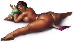  1girl ass back bare_back between_buttocks black_hair bra breasts brown_eyes brown_lipstick chel_(the_road_to_el_dorado) curvy dark_skin full_body green_bra green_earrings highres huge_ass large_breasts lips lipstick loincloth looking_at_viewer makeup mayan nose ph_draw shiny shiny_skin solo split the_road_to_el_dorado thick_thighs thighs toe_scrunch toes topless underwear very_dark_skin white_background 