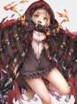 1girl :d belt_buckle bow_(weapon) breasts brown_eyes brown_hair buckle cleavage cloak commentary_request diamond-shaped_pupils dress highres holding holding_bow_(weapon) holding_weapon hood inaba_sunimi leg_up little_red_riding_hood_(sinoalice) long_hair looking_at_viewer open_mouth red_cloak ribbed_dress simple_background sinoalice small_breasts smile solo symbol-shaped_pupils thighs weapon white_background white_dress 