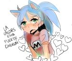  &lt;3 alternate_species animal_humanoid blue_hair clothing crossgender cute_fangs eulipotyphlan eulipotyphlan_humanoid fannfare female green_eyes hair hedgehog_humanoid humanoid humanoidized mammal mammal_humanoid mario_bros mtf_crossgender nintendo open_mouth ponytail red_clothing red_shirt red_topwear shirt simple_background solo sonic_the_hedgehog sonic_the_hedgehog_(series) spanish_text text topwear translation_request video_games white_background 