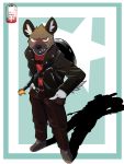  2018 aggressive_retsuko anthro bass_guitar belt biped black_jacket black_nose blush bottomwear brown_body brown_fur clothed clothing footwear fully_clothed fur guitar haida hands_in_pockets hi_res hyaenid inner_ear_fluff jacket looking_at_viewer male mammal musical_instrument pants plucked_string_instrument pockets red_clothing red_shirt red_topwear sanrio shirt shoes simple_background solo spotted_hyena standing string_instrument teeth tiggon_the_great topwear tuft 