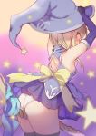  1girl armpits arms_up ass back bare_shoulders blonde_hair blue_dress blue_gloves blurry blush braid breasts broom broom_riding detached_sleeves dress elbow_gloves eyebrows_visible_through_hair facing_away from_behind gloves hands_on_headwear hat ichii_yui looking_back multicolored multicolored_background panties pantyshot ribbon sideboob skirt solo star starry_background tatsunokosso teenage thighhighs tied_hair twin_braids underwear white_panties witch witch_hat yellow_eyes yellow_ribbon yuyushiki 