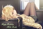  1girl ahoge black_shorts blonde_hair blush breasts character_name closed_mouth collarbone couch feet_out_of_frame from_behind green_eyes hair_in_mouth happy_birthday hoshii_miki idolmaster idolmaster_(classic) long_hair long_sleeves looking_at_viewer lying medium_breasts nanaran on_back pantyhose shorts sleepy sleeves_past_wrists smile solo sweater yellow_sleeves 