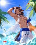  1boy absurdres animal_ears arknights arm_up armband black_choker blue_sky brown_eyes brown_hair choker cow_ears cow_horns day highres horns innertube jewelry looking_at_viewer male_focus matterhorn_(arknights) mo_si_(z1216150815) navel necklace outdoors pants scar see-through sky solo tail wading water wet white_pants wristband 