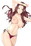  1girl absurdres areolae arm_up armpits bangs bikini blush bra bracelet breasts breasts_apart brown_hair closed_mouth collarbone cowboy_shot curly_hair dorothea_arnault earrings fire_emblem fire_emblem:_three_houses forehead front-tie_bikini front-tie_top green_eyes groin highleg highleg_bikini_bottom highres j@ck jewelry lace lace-trimmed_bikini large_breasts legs_together lips long_hair looking_at_viewer lying multi-strapped_bikini_bottom navel nipples on_back panties parted_bangs side-tie_bikini simple_background skindentation smile solo stomach string_bikini swimsuit underwear white_background 