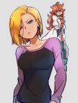  2girls :d android_18 android_21 blonde_hair blue_eyes breasts checkered checkered_dress closed_mouth collarbone dragon_ball dragon_ball_fighterz dragon_ball_z dress earrings glasses grey_background hair_over_one_eye hand_in_pocket jewelry kemachiku labcoat long_hair long_sleeves looking_at_viewer medium_breasts multiple_girls open_mouth red_hair shirt short_hair simple_background smile standing white_earrings 