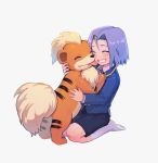  1boy apple_brk blue_hair green_eyes growlithe kojirou_(pokemon) musashi_(pokemon) pokemon pokemon_(anime) pokemon_(creature) team_rocket 