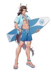  1boy absurdres animal_ears anklet arknights blue_shirt brown_hair cow_ears cow_horns full_body hawaiian_shirt highres horns jewelry lifeguard long_hair male_focus male_swimwear matterhorn_(arknights) midriff mo_si_(z1216150815) muscle navel open_clothes open_shirt sandals scar shirt simple_background standing surfboard swim_trunks swimwear tail watch whistle white_background wristwatch 