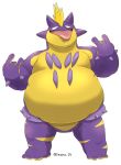  2019 anthro belly fur hi_res humanoid_hands iwano nintendo obese overweight pok&eacute;mon pok&eacute;mon_(species) purple_body purple_fur simple_background solo tongue tongue_out toxtricity toxtricity_(amped_form) video_games white_background 