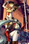  2girls aegis_(persona) android aqua_hair axe blonde_hair blue_eyes blue_hair character_name hat headphones jacky_lau labrys long_hair multiple_girls necktie persona persona_3 persona_4 persona_4:_the_ultimate_in_mayonaka_arena pleated_skirt ponytail red_eyes ribbon robot_ears robot_joints school_uniform serafuku short_hair skirt smile very_long_hair weapon 