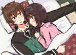  1boy 1girl arm_pillow blush brown_eyes brown_hair commentary cuddling futon green_eyes highres jacket kono_subarashii_sekai_ni_shukufuku_wo! megumin pajamas satou_kazuma short_hair sweatdrop track_jacket track_suit under_covers yuno_(suke_yuno) 