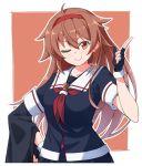  1girl asymmetrical_clothes baseu black_serafuku black_skirt border brown_eyes brown_hair hair_flaps hairband kantai_collection one_eye_closed pleated_skirt red_background red_hairband remodel_(kantai_collection) sailor_collar school_uniform serafuku shiratsuyu_(kantai_collection) skirt solo two-tone_background whistle whistle_around_neck white_border white_sailor_collar 