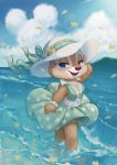  anthro beach blue_eyes chipmunk clarice_(disney) clothed clothing cloud detailed_background disney dress eyelashes female fingers fur ground_squirrel hat headgear headwear mammal open_mouth open_smile outside partially_submerged red_nose rodent sciurid sea seaside sky smile solo tan_body tan_fur water wave wind 