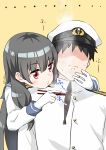 1boy 1girl absurdres admiral_(kantai_collection) arm_around_neck bangs black_hair blowing blush burnt_hair closed_mouth commentary_request disgust eyebrows_visible_through_hair faceless faceless_male frown gloves highres isokaze_(kantai_collection) kantai_collection long_hair long_sleeves military military_uniform naval_uniform red_eyes ryuki_(ryukisukune) signature simple_background steam uniform upper_body white_gloves white_headwear yellow_background 