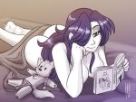  2019 4:3 anthro bed bedding bedroom_eyes blanket book braided_hair butt canid canine canis casual_nudity feet female furniture hair half-closed_eyes heresy_(artist) human keidran long_hair mammal maren_taverndatter monochrome nude purple_hair pushy reading seductive simple_background sketch solo sythe_(twokinds) toy twokinds webcomic wolf 