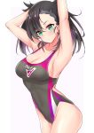  1girl armpits arms_up asymmetrical_bangs asymmetrical_hair bangs bare_shoulders black_hair black_swimsuit blush breasts cleavage closed_mouth collarbone covered_navel highres long_hair looking_at_viewer mary_(pokemon) one-piece_swimsuit pokemon pokemon_(game) pokemon_swsh sankakusui simple_background solo swimsuit thighs twintails undercut white_background 