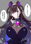  1girl black_dress breasts brown_hair double_bun dress fate/grand_order fate_(series) grey_background highres juliet_sleeves kloah large_breasts long_sleeves murasaki_shikibu_(fate) puffy_sleeves purple_eyes speech_bubble two_side_up 