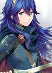  1girl ameno_(a_meno0) black_sweater blue_cape blue_eyes blue_hair breastplate cape closed_mouth commentary_request eyebrows_visible_through_hair falchion_(fire_emblem) fire_emblem fire_emblem_awakening floating_hair hair_between_eyes hair_ornament holding holding_sword holding_weapon lips long_hair looking_at_viewer lucina_(fire_emblem) multicolored multicolored_cape multicolored_clothes red_cape ribbed_sweater shoulder_armor simple_background smile solo sweater sword tiara turtleneck turtleneck_sweater weapon 
