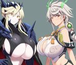  2girls artoria_pendragon_(all) artoria_pendragon_(lancer_alter) blonde_hair braid braided_ponytail breasts cape cleavage cleavage_cutout crossover fate/grand_order fate_(series) grey_background huge_breasts kantai_collection kawasumi_ayako kloah long_hair looking_at_viewer multiple_girls seiyuu_connection single_braid tied_hair trait_connection unryuu_(kantai_collection) white_hair yellow_eyes 