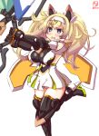  1girl alternate_costume animal_ears artist_logo black_footwear black_gloves blonde_hair blue_eyes boots breasts cat_ears commentary_request cosplay dated dress gambier_bay_(kantai_collection) gene_(pso2) gene_(pso2)_(cosplay) gloves hairband highres kanon_(kurogane_knights) kantai_collection large_breasts open_mouth phantasy_star phantasy_star_online_2 shield simple_background solo thigh_boots thighhighs twintails white_background white_dress 
