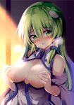  1girl bangs bare_shoulders blush breasts breasts_outside breath commentary_request covering covering_breasts detached_sleeves eyebrows_visible_through_hair frog_hair_ornament green_eyes green_hair hair_between_eyes hair_ornament hair_tubes head_tilt indoors kochiya_sanae light_smile long_hair long_sleeves looking_at_viewer maturiuta_sorato nose_blush parted_lips shirt sidelocks solo touhou upper_body white_shirt wide_sleeves 