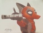  anthro askalin canid canine clothed clothing cosplay costume crossover crossover_cosplay deadpool disney fox holding_gun holding_object holding_weapon mammal marvel mask nick_wilde signature simple_background solo weapon white_background zootopia 